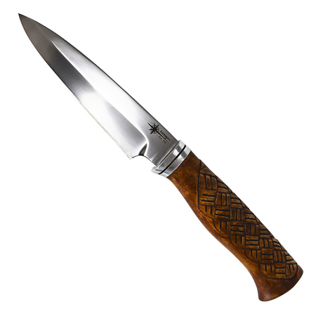 Нож охотничий Тайгаславянские мотивыкап карельской берёзы дюраль коженая вставка Антарес7600.jpg