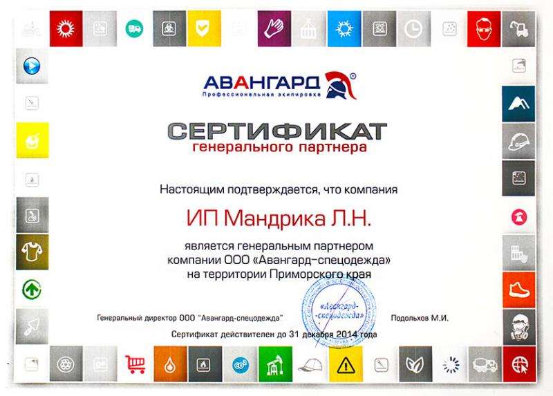 Сертификат генерального партнера "Авангард" 2014 г. 