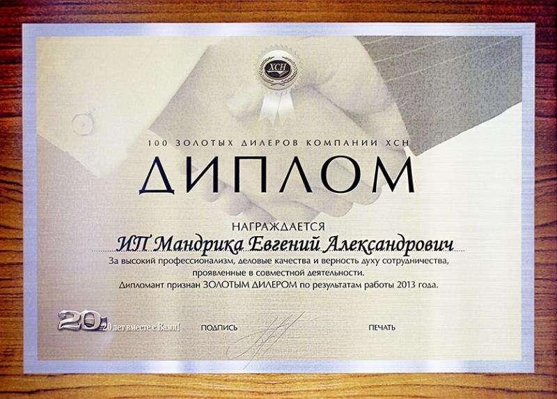Диплом компании "ХСН": "100 лучших дилеров" 2013 г. 
