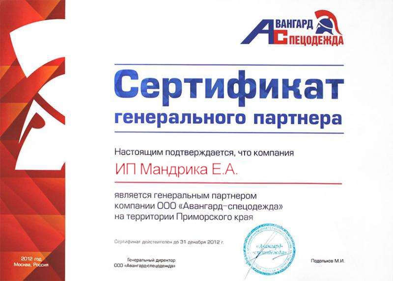 Сертификат генерального партнера "Авангард" 2012 г. 