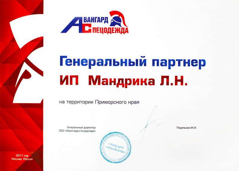 Сертификат генерального партнера "Авангард" 2011 г. 
